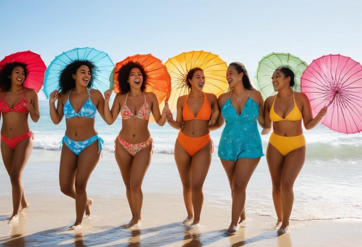 A sunlit beach scene featuring a diverse group of women in stylish, modest swimwear, laughing and enjoying a summer day. Include vibrant beach umbrellas, shimmering ocean waves, and colorful beach accessories, emphasizing confidence and style. The women should represent various ethnicities and body types, showcasing inclusivity and elegance in their swim attire. warm colors, bright blue sky, and a hint of tropical flora in the background. super-realistic. vibrant colors.